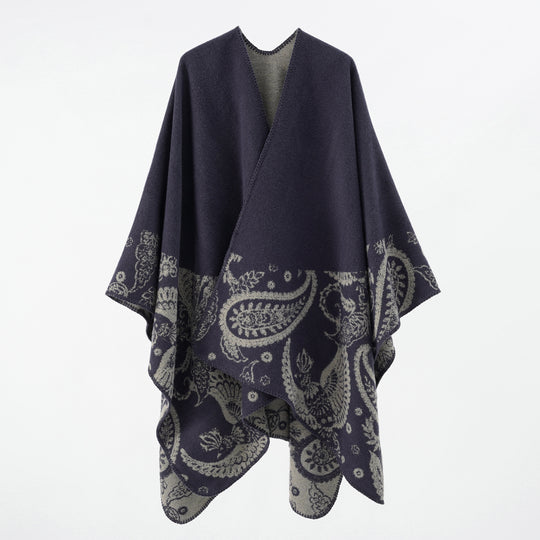Damen Feines Woll-Cape im Überwurfstil mit kontrastierender Border-Jacquard Shop Nory