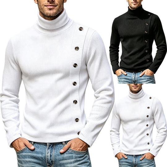 Herren Slim-Fit Rollkragenpullover mit asymmetrischer Zierknopfleiste aus Rippstrick Shop Nory