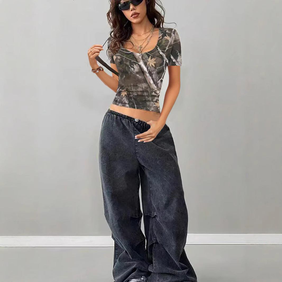 Damen Camouflage T-Shirt mit modischem V-Ausschnitt Shopnory