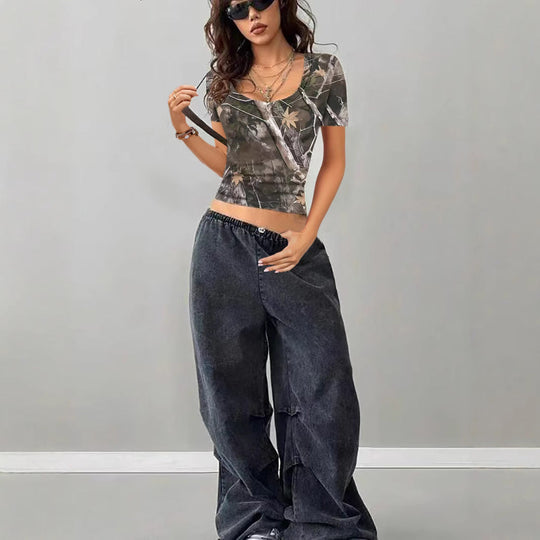 Damen Camouflage T-Shirt mit modischem V-Ausschnitt Shopnory