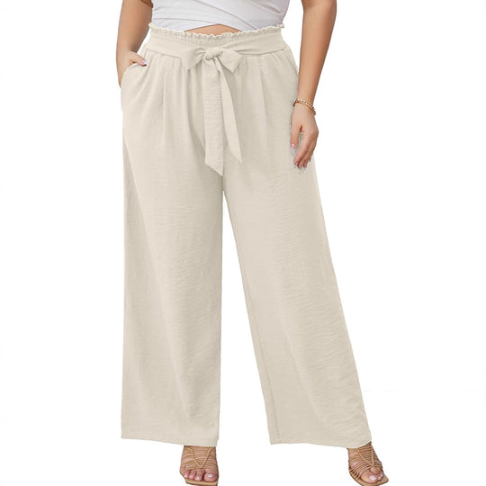 Damen Paperbag-Hose mit weitem Bein, Gummizug, Bindegürtel und Eingrifftaschen Shop Nory