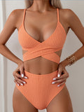 Damen Hochtailliertes Bikini-Set mit gekreuztem Oberteil und strukturiertem Stoff