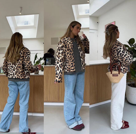 Damen Cropped-Fieldjacke im Leopardenmuster mit breitem Revers und Pattentaschen Shop Nory