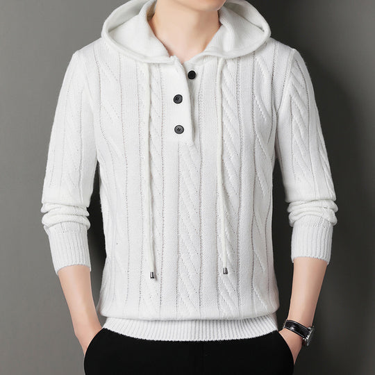 Herren Feinstrick-Kapuzenpullover mit Zopfmuster, Halbknopfblende und Kordelzug Shop Nory