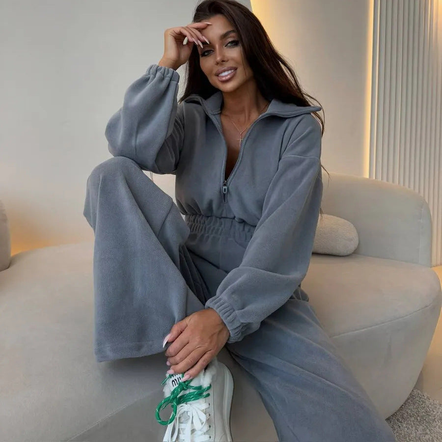 Damen eleganter Lounge-Overall mit elastischer Taillenpartie, Stehkragen, Reißverschluss und weitem Bein Shop Nory