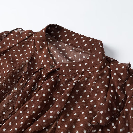 Damen Semitransparente Chiffonbluse mit Polka-Dots, Volants und Schleifenkragen Shop Nory