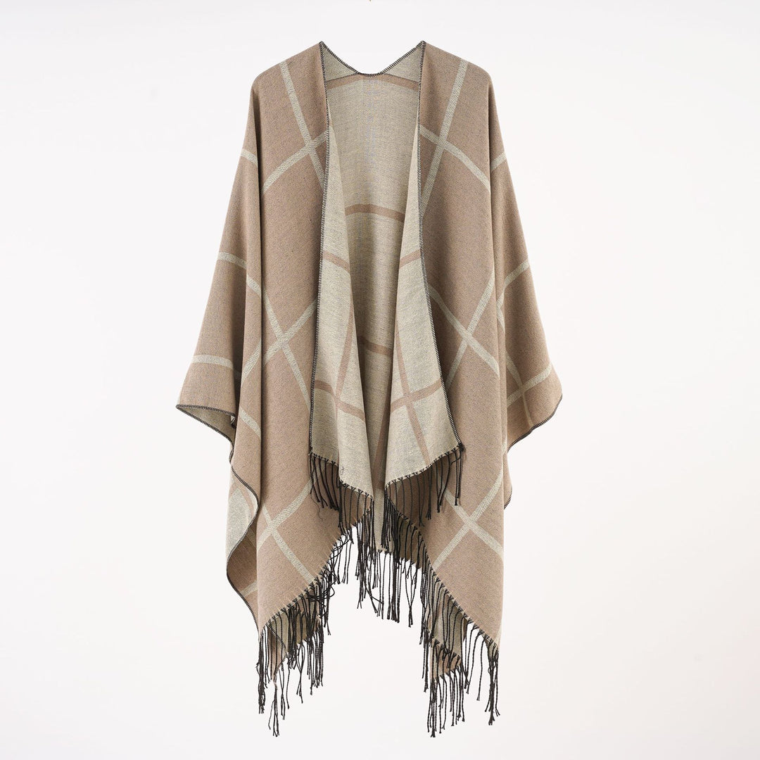 Damen Reversloser Wollmix-Umhang mit großem Karomuster und Fransensaum Shop Nory