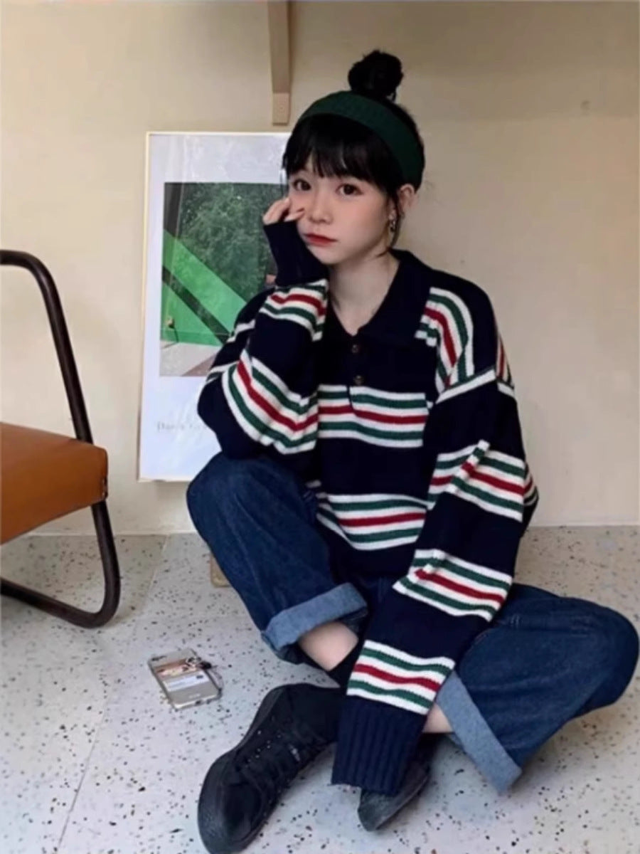 Damen Oversize Polokragen-Strickpullover mit maritimen Blockstreifen und kastiger Cropped-Silhouette Shop Nory