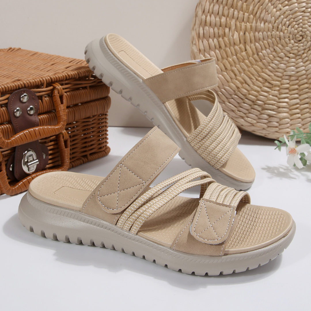 Damen Komfort-Pantolette mit verstellbaren Klettriemen, elastischen Zierbändern und stoßdämpfender Profilsohle Shop Nory