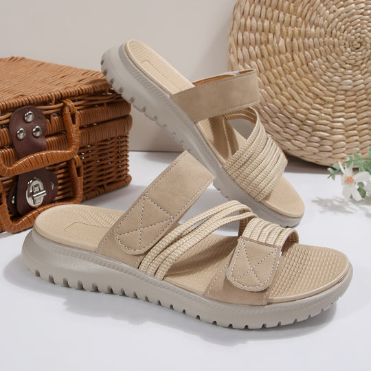 Damen Komfort-Pantolette mit verstellbaren Klettriemen, elastischen Zierbändern und stoßdämpfender Profilsohle Shop Nory