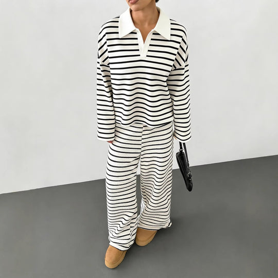Damen Gestreifter Strickpullover mit Polokragen und Oversize-Ärmeln Shop Nory