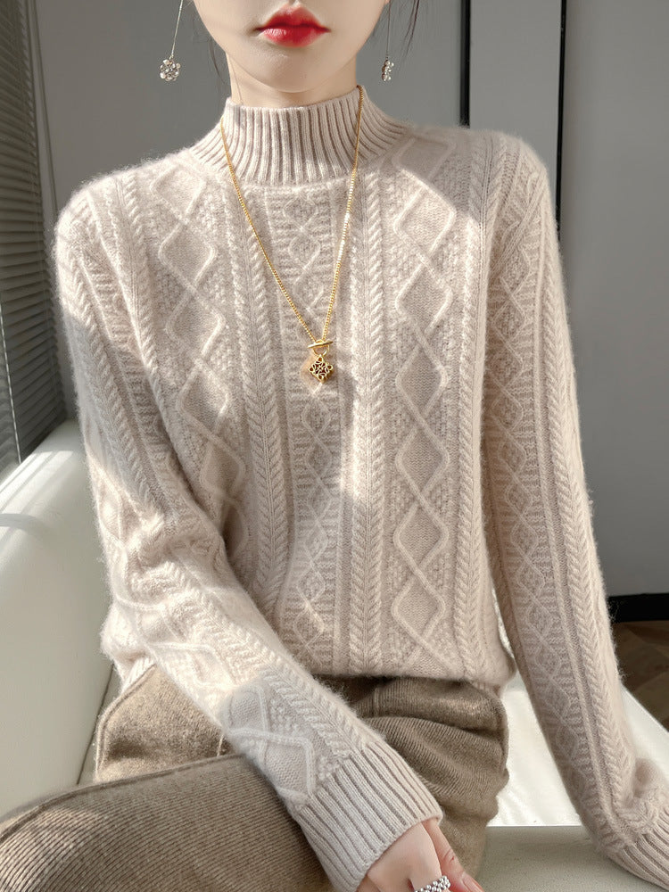 Damen Kuscheliger Mohair‑Optik Mockneckpullover mit Rautenzopfstruktur und kastiger Silhouette Shop Nory