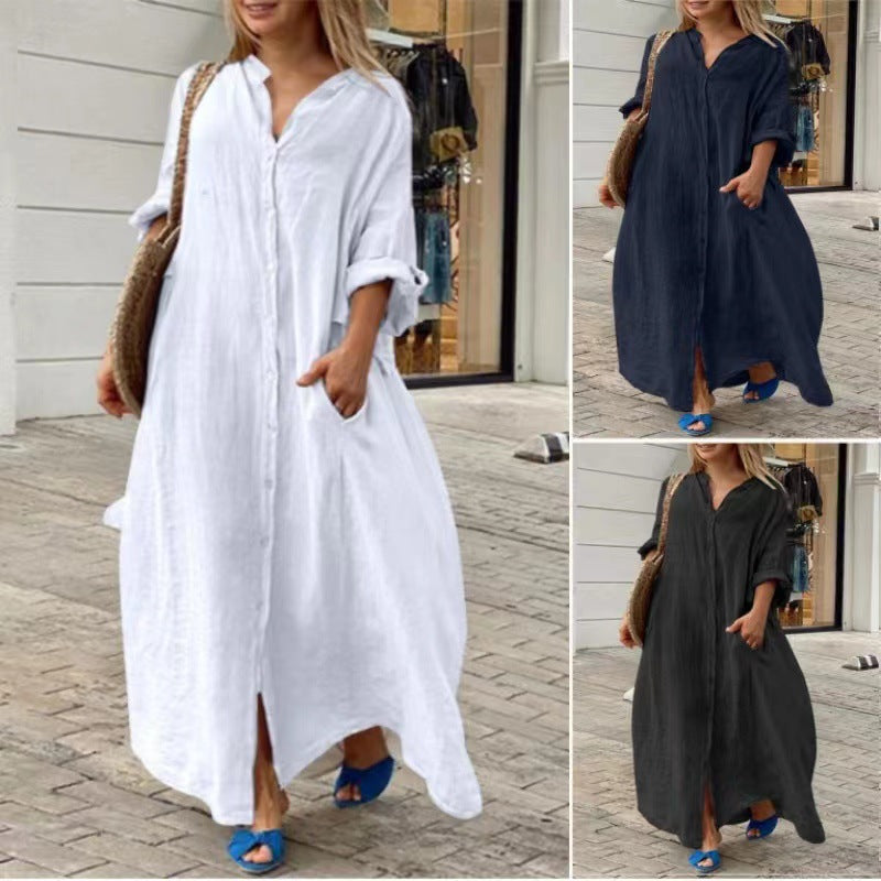 Einreiher Baumwoll-Leinen Plus Size Langkleid