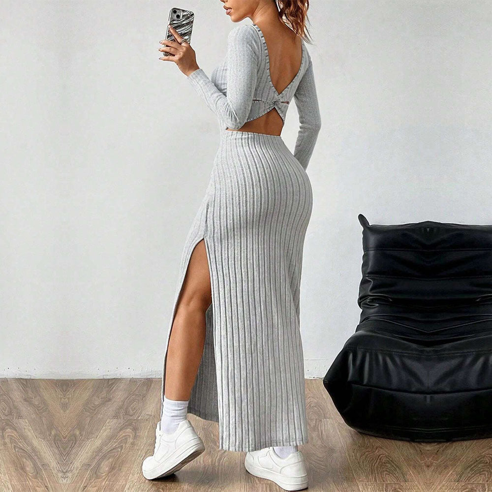 Damen figurbetontes geripptes Maxikleid mit quadratischem Ausschnitt und seitlichem Beinschlitz Shop Nory