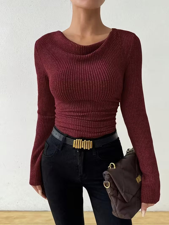 Damen Gerippter Taillierter Feinstrickpullover mit Raffung Shop Nory