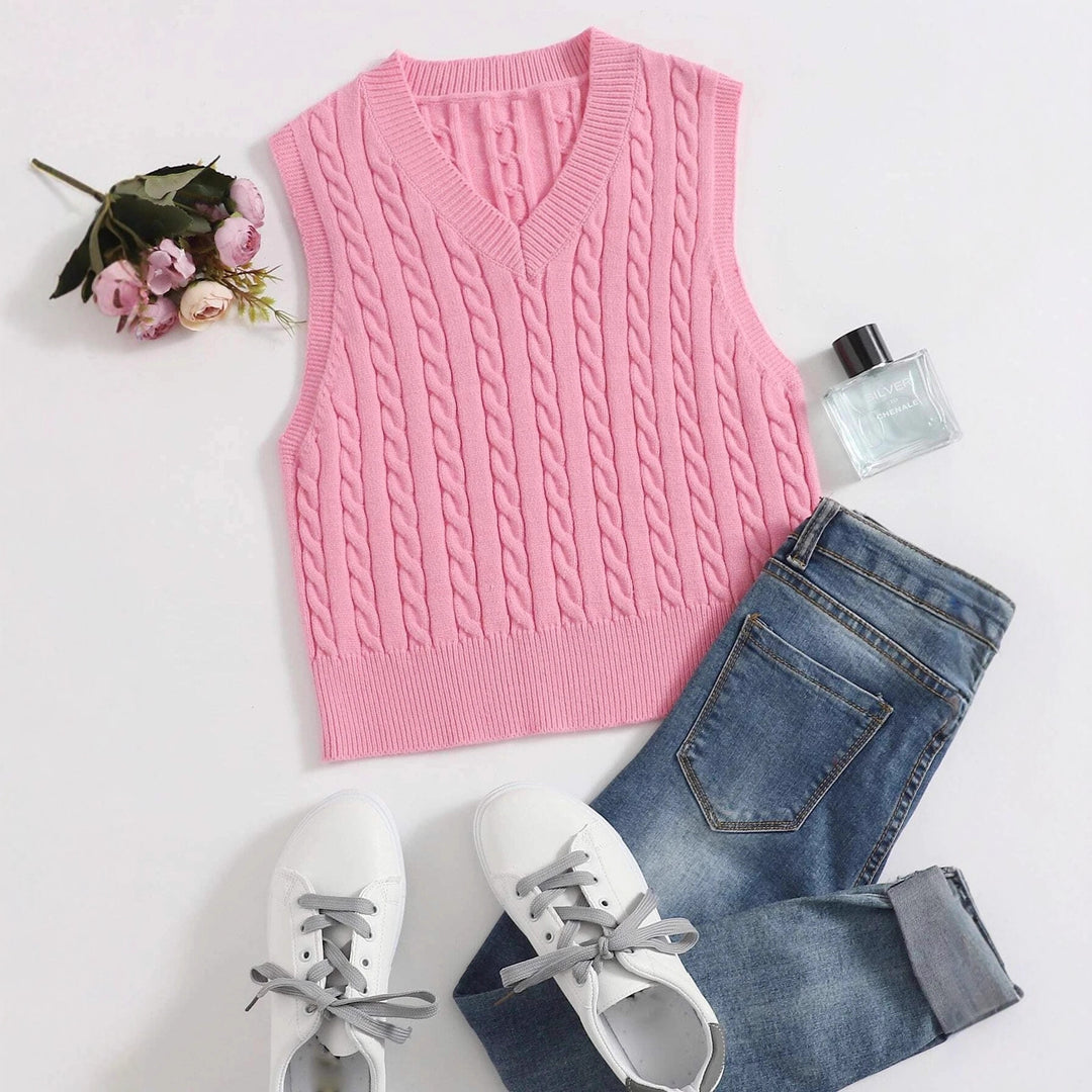 Damen Klassische Zopfmuster-Strickweste mit schmaler Passform und V-Ausschnitt Shop Nory
