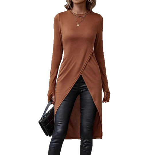 Damen Langes asymmetrisches Wickel-Tunika-Top mit Frontschlitz Shop Nory
