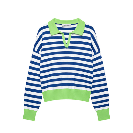 Damen Gestreifter Polo‑Pullover mit V‑Ausschnitt, weitem Rumpf und kontrastierenden Bündchen Shop Nory