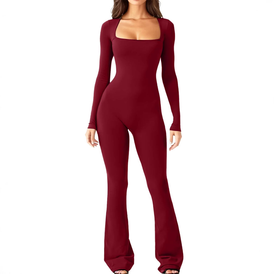 Damen figurbetontes Jumpsuit mit quadratischem Ausschnitt, langen Ärmeln und ausgestellt Bein Shop Nory