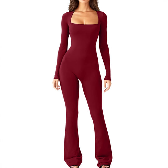 Damen figurbetontes Jumpsuit mit quadratischem Ausschnitt, langen Ärmeln und ausgestellt Bein Shop Nory