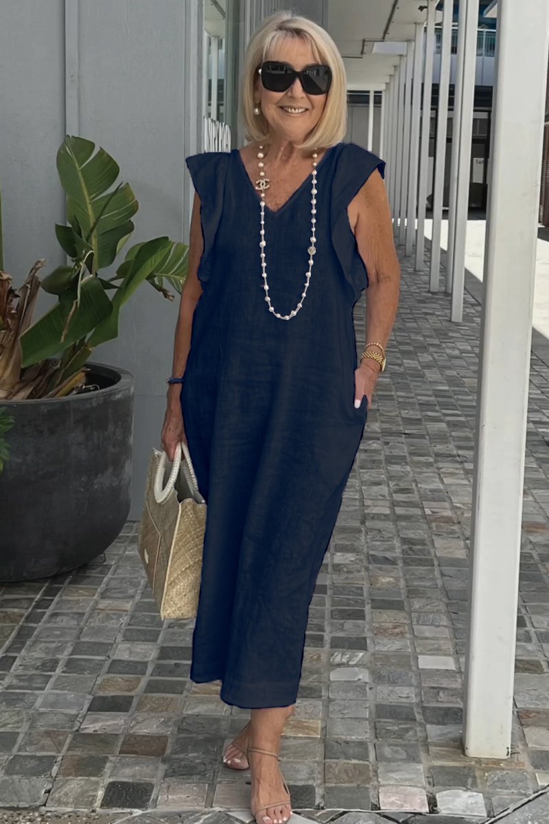 Damen Maxikleid mit V-Ausschnitt und angeschnittenem Ärmel
