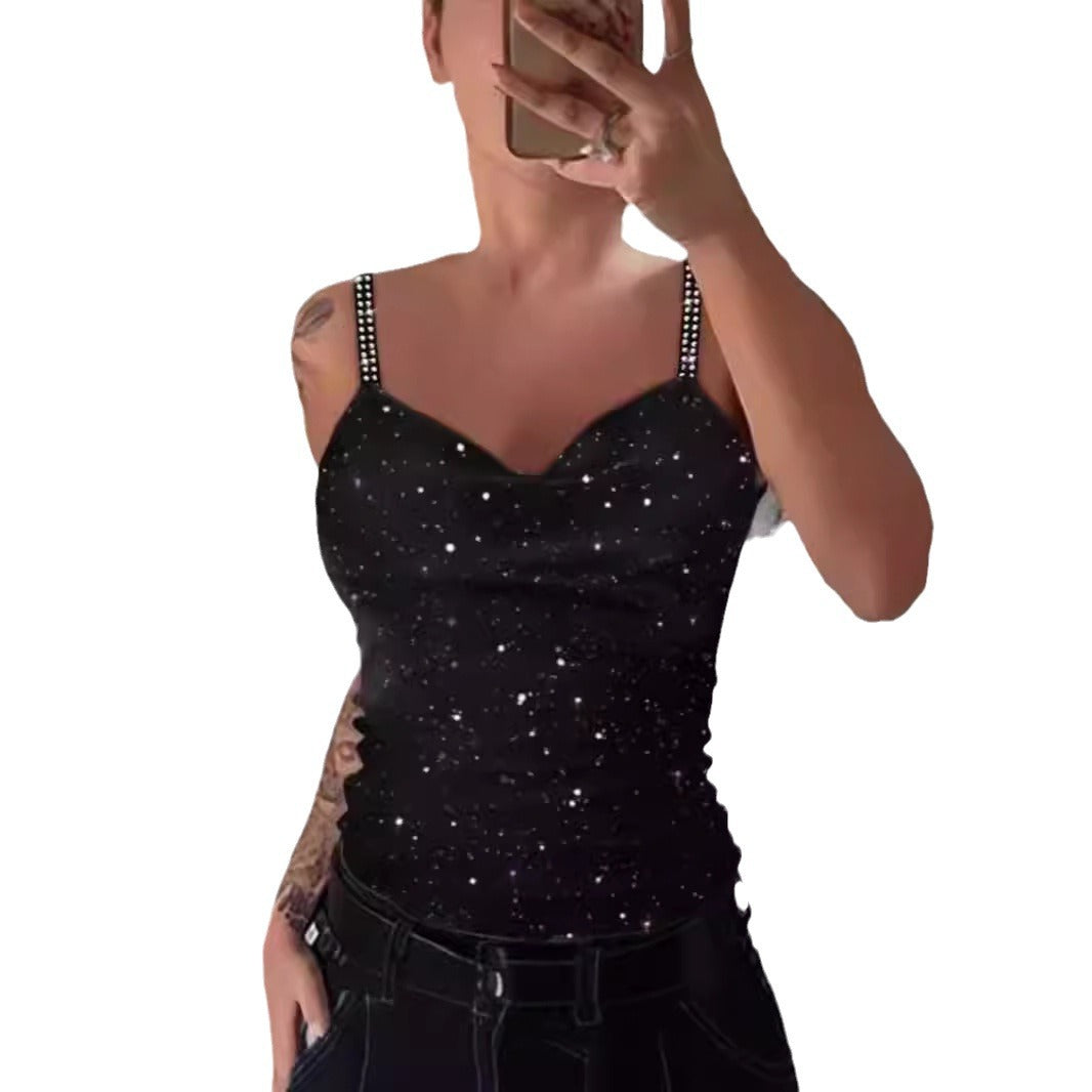 Damen Elegante Spaghetti-Träger Top mit Glitzer-Details