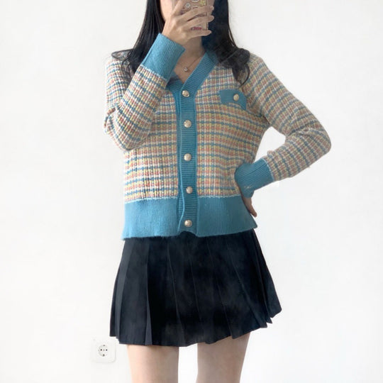 Damen Tweed-Strickcardigan mit V-Ausschnitt und Zierknopfleiste Shop Nory