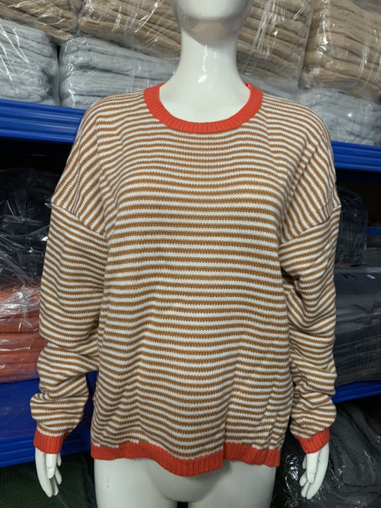 Damen nan gestreifter Baumwollpullover mit Rundhalsausschnitt, legerer Passform und gerippten Abschlüssen Shop Nory