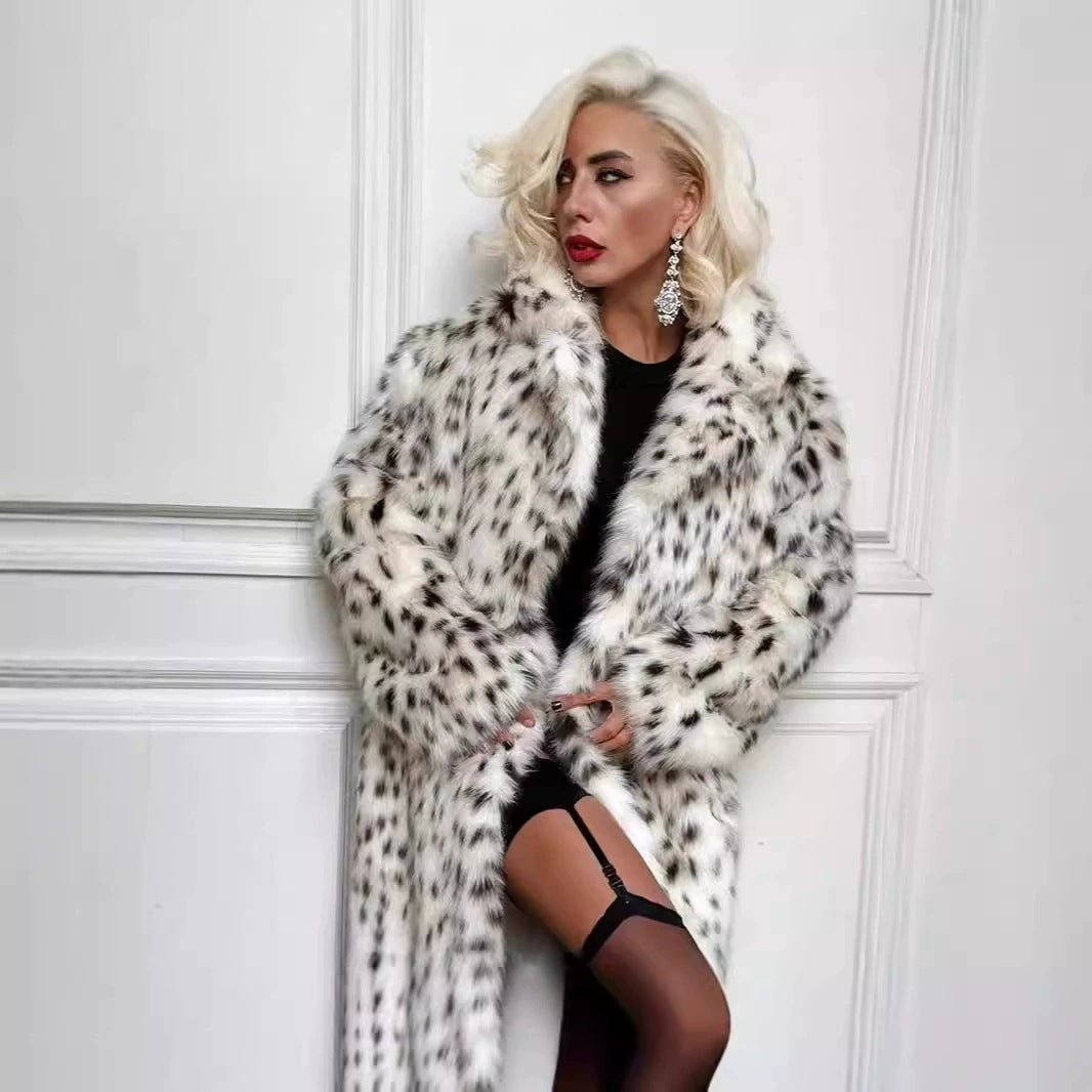 Damen langer Oversize Kunstpelzmantel mit Leopardenmuster und breitem Revers Shop Nory