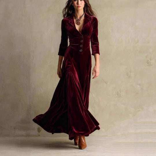 Damen Samt-Midaxi-Kleid mit tailliertem Sakko-Oberteil, V-Ausschnitt und weitem Stufenrock Shop Nory