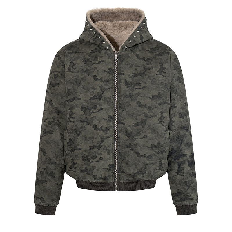 Damen gefütterte Camouflage-Bomberjacke mit Teddy-Innenfutter, Kapuze und Rippbündchen Shop Nory