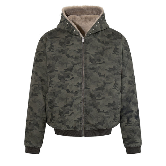 Damen gefütterte Camouflage-Bomberjacke mit Teddy-Innenfutter, Kapuze und Rippbündchen Shop Nory