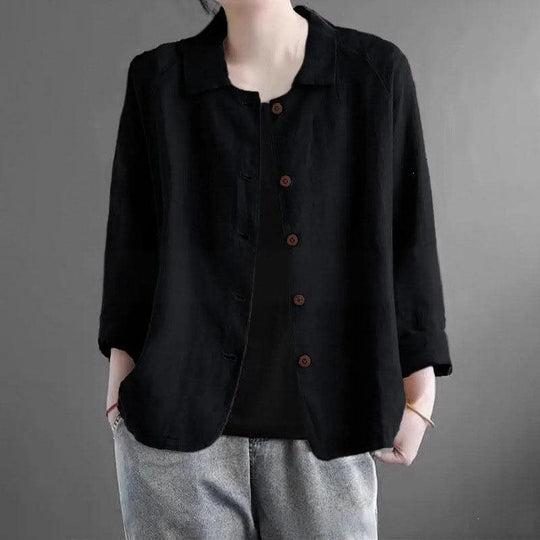 Damen Oversized Leinen-Hemdjacke mit Hemdkragen, 3/4-Ärmeln und durchgehender Knopfleiste Shop Nory