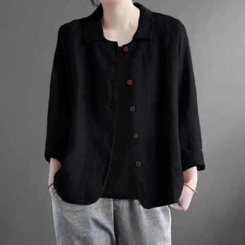 Damen Oversized Leinen-Hemdjacke mit Hemdkragen, 3/4-Ärmeln und durchgehender Knopfleiste Shop Nory