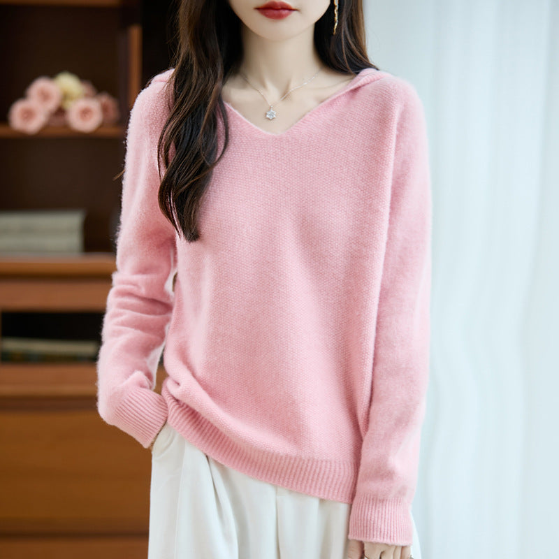Damen Weicher Mohair‑Optik Kapuzenpullover mit V‑Ausschnitt und geripptem Saum Shop Nory