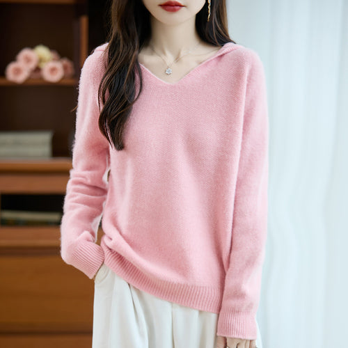 Damen Weicher Mohair‑Optik Kapuzenpullover mit V‑Ausschnitt und geripptem Saum Shop Nory