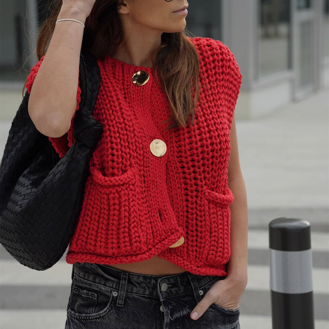Damen Kurzgeschnittene Ärmellose Strickweste mit V-Ausschnitt und Zierknöpfen Shop Nory
