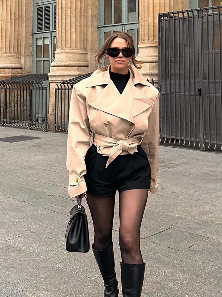 Damen Kurze Doppelreihige Trenchjacke mit Taillengürtel und weitem Revers Shop Nory