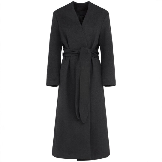 Damen Langer Wollmantel mit Bindegürtel und V-Ausschnitt Shop Nory