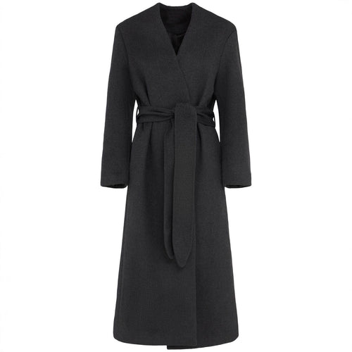 Damen Langer Wollmantel mit Bindegürtel und V-Ausschnitt Shop Nory