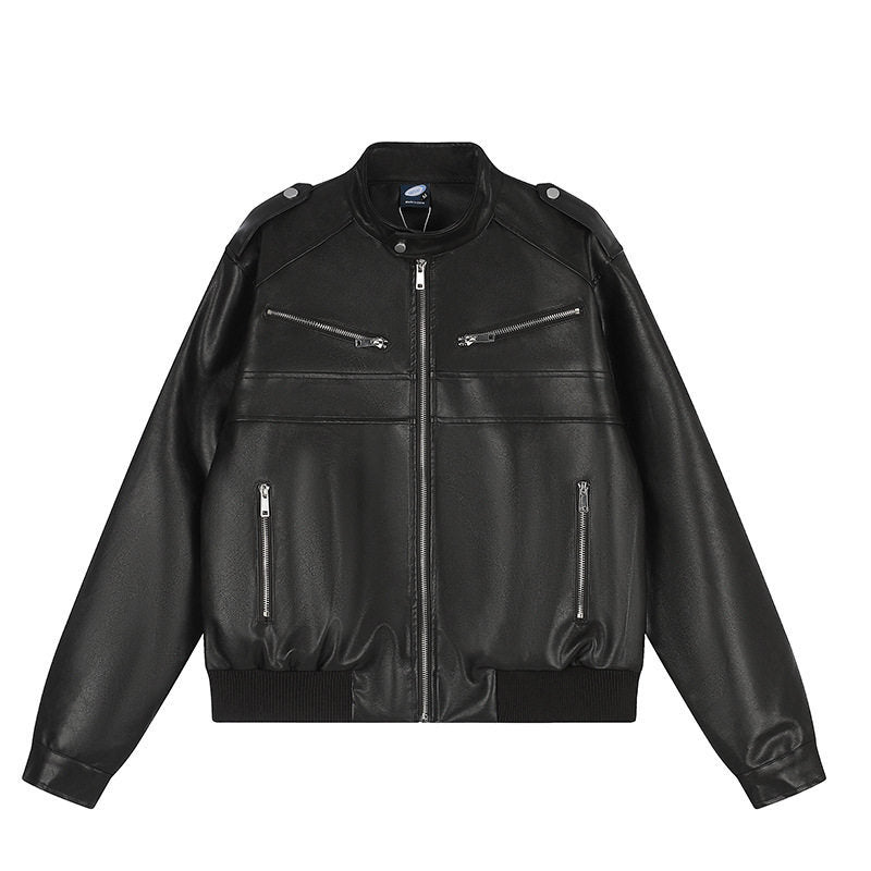 Damen kurz geschnittene Kunstleder‑Bomberjacke mit Stehkragen, Schulterklappen und geripptem Saum Shop Nory