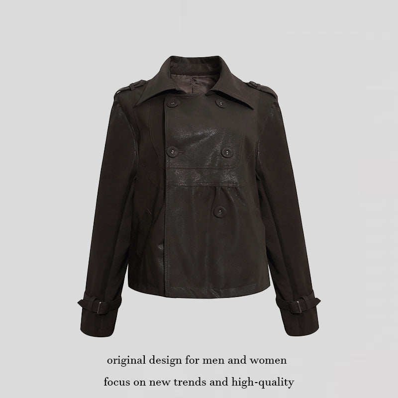 Damen Cropped Doppelreihige Lederjacke im Trenchstil mit Schulterklappen Shop Nory