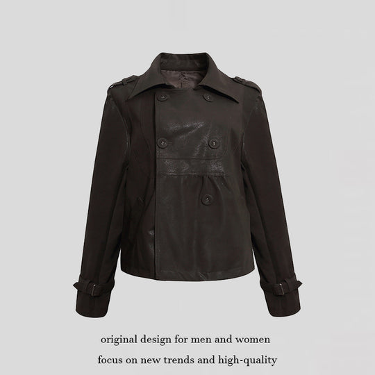 Damen Cropped Doppelreihige Lederjacke im Trenchstil mit Schulterklappen Shop Nory