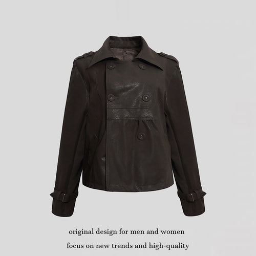 Damen Cropped Doppelreihige Lederjacke im Trenchstil mit Schulterklappen Shop Nory