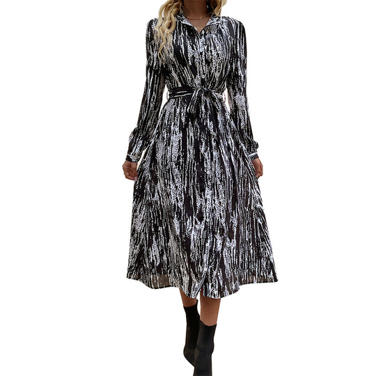 Damen Hemdblusen‑Midikleid mit Bindegürtel, durchgehender Knopfleiste und abstraktem Pinselprint Shop Nory