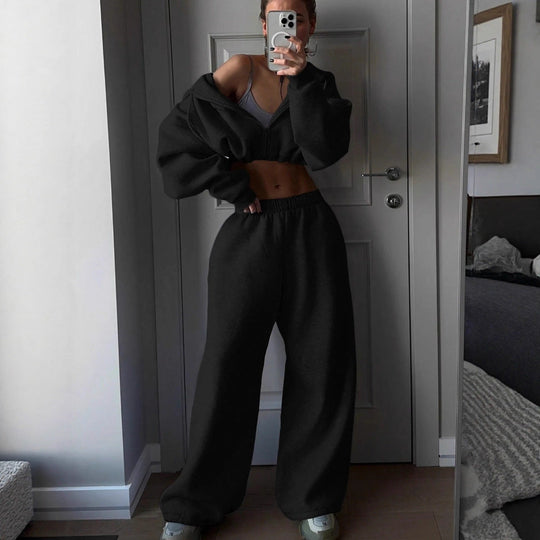 Damen lässiges Cropped Sweat-Set mit voluminösen Ärmeln und weitem Schnitt
