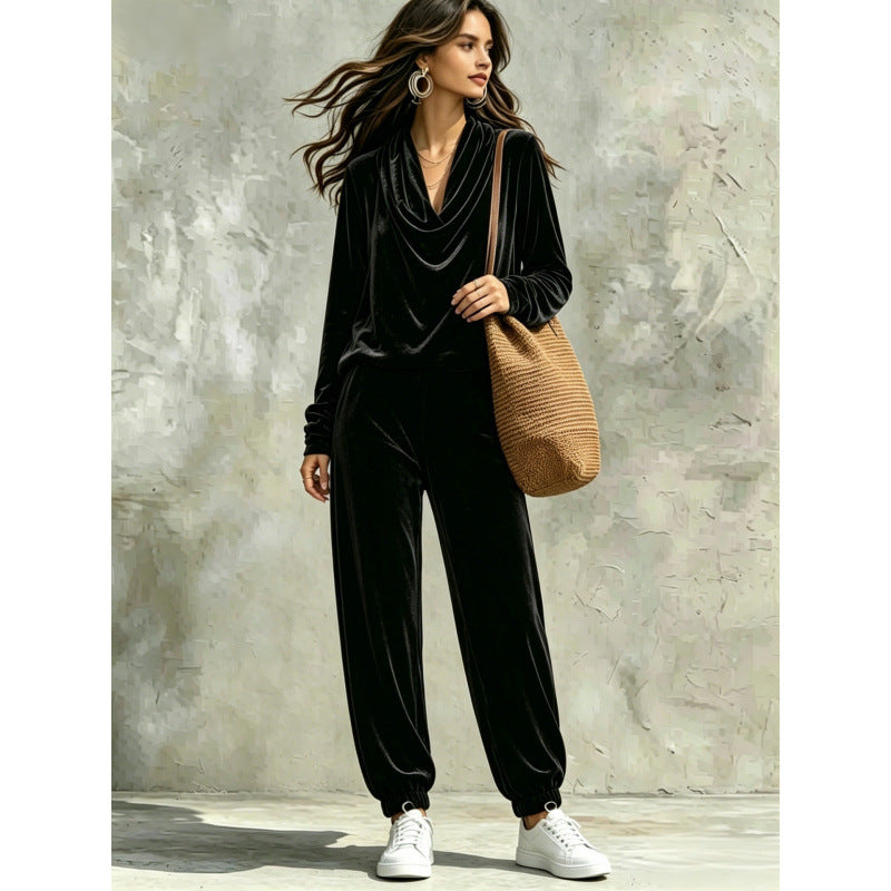 Damen Samt-Lounge-Set mit Wasserfallkragen und Jogger-Hose Shop Nory