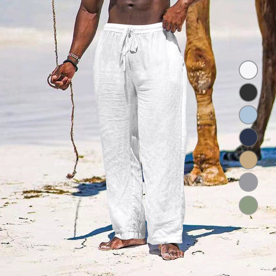Herren lässige Strandhose aus leichtem Leinenstoff mit elastischem Bund und Kordelzug