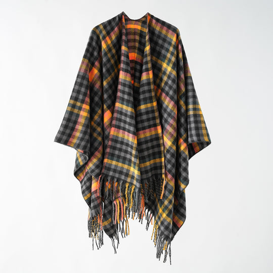 Damen Karierter Wollmix Poncho mit Fransen und offenem Oversize Fall Shop Nory
