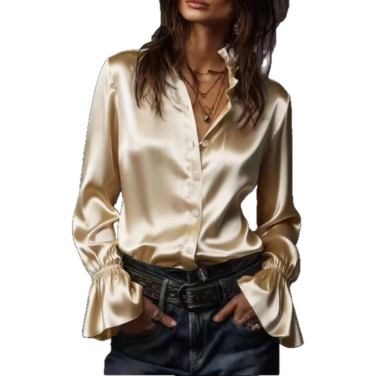 Damen Seidenglänzende Satinbluse mit Stehkragen, Knopfleiste und Volantärmel Shop Nory